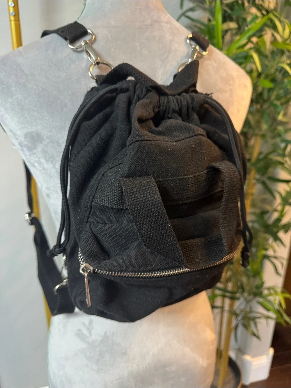 Madden Girl Black Canvas Drawstring Backpack with Front Zip Pocket